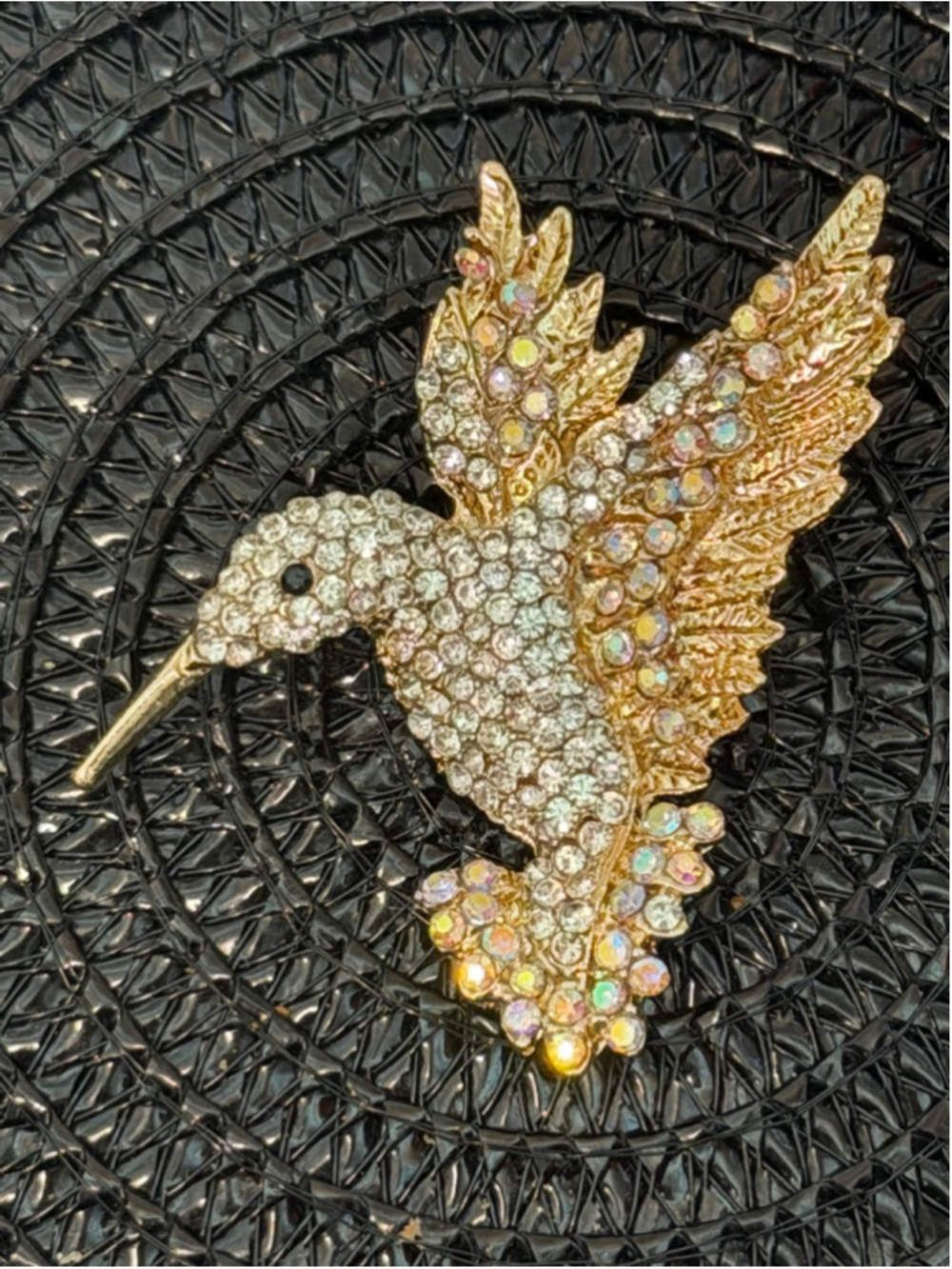 Gold & Clear Rhinestone Hummingbird Brooch One Size